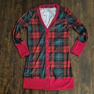 MEROKEETY Plaid V-neck Long Cardigan S Christmas Tartan Snap Front Mini Dress